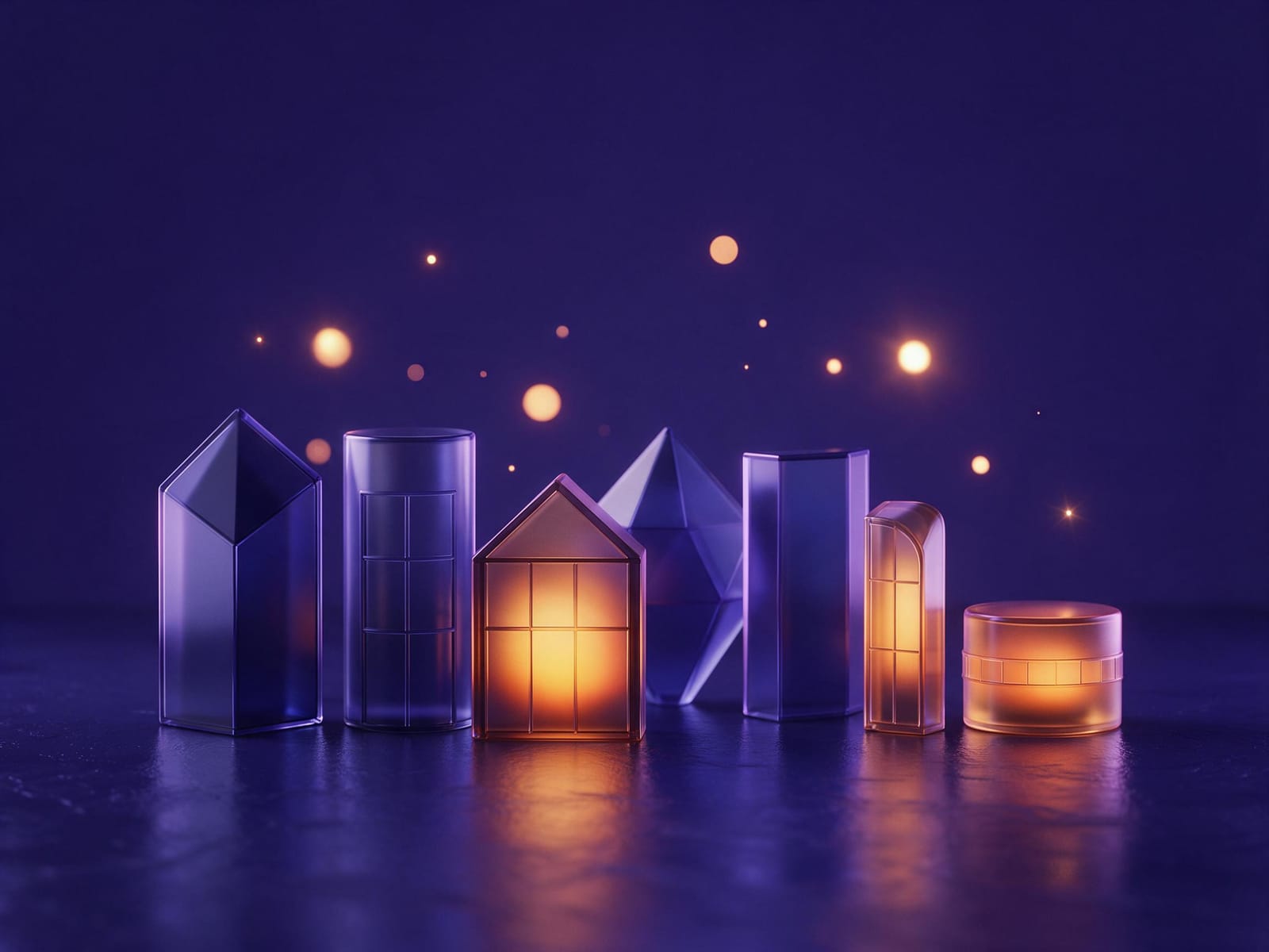A row of glass storefront shapes with three lit from inside in orange