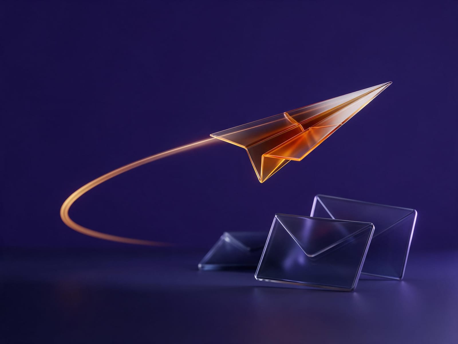 An orange glass paper plane rising with a light trail above dim envelopes