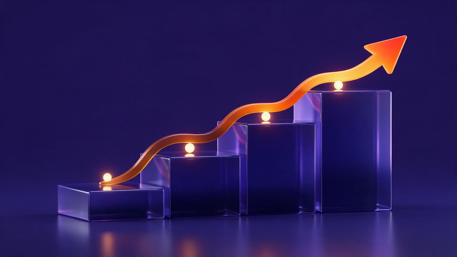 Four glass steps rising to the right with an orange arrow tracing the climb