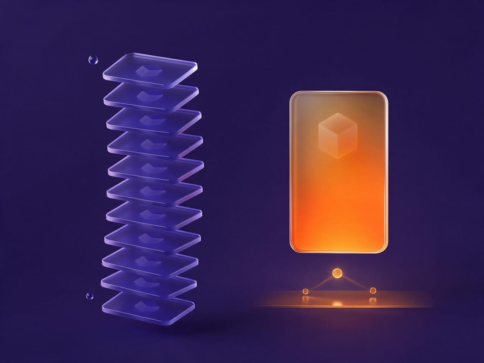 A dim column of glass result cards beside one large glowing answer card