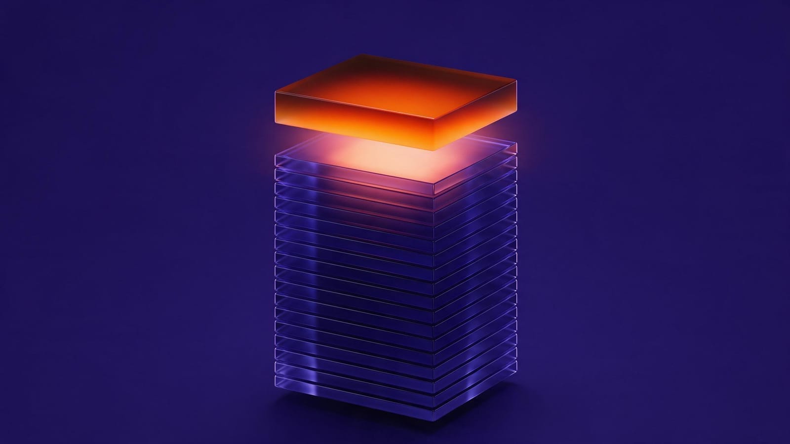 A lifted glowing top layer above a stack of indigo glass blocks