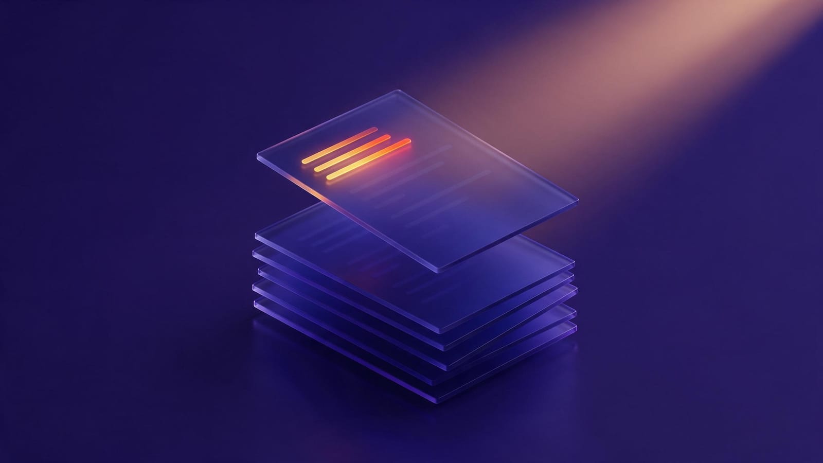 A glass page lifting from a stack with its first lines glowing orange
