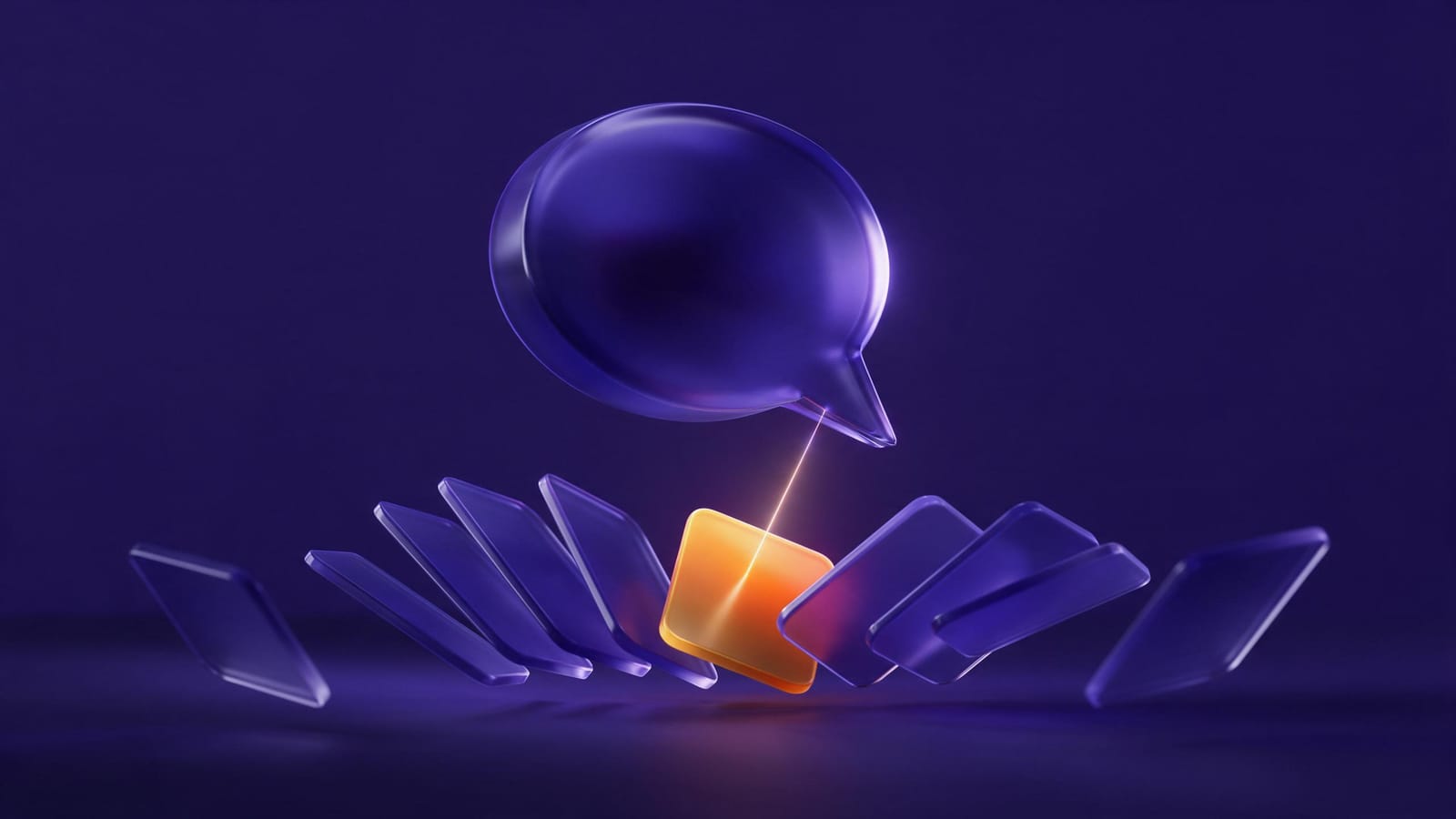 An indigo glass chat bubble above a fan of source cards with one glowing orange