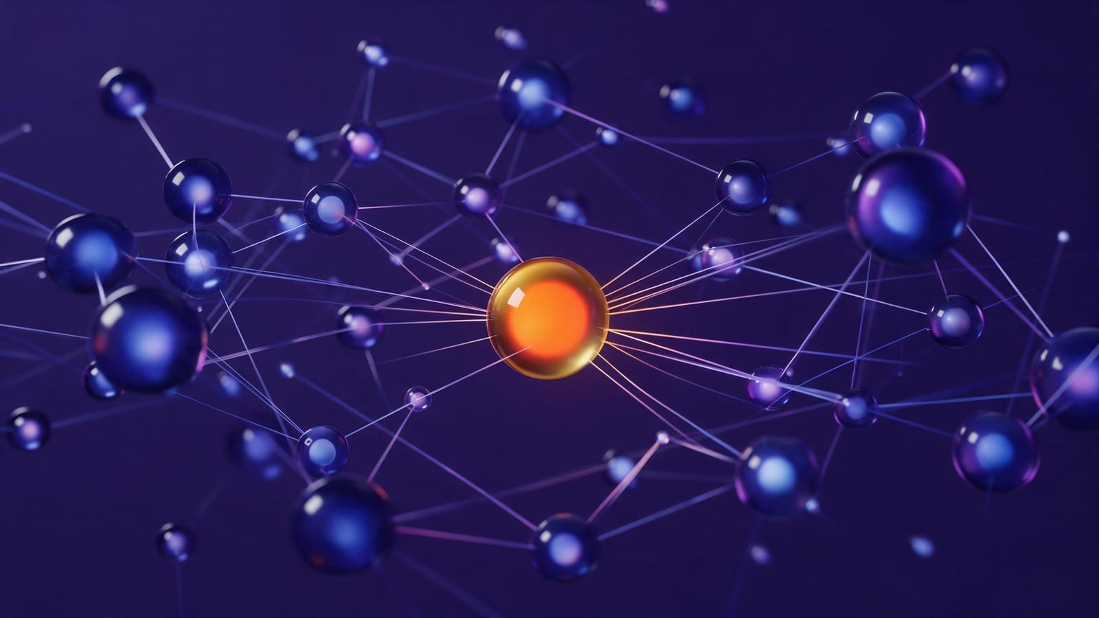 A network of indigo glass spheres connected by light threads with one glowing orange node