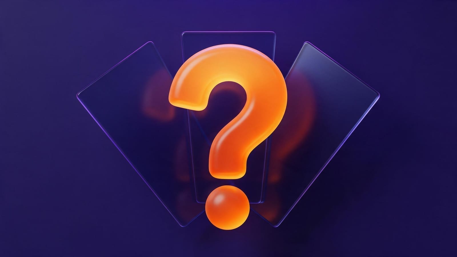 A glowing orange question mark inside an indigo glass frame