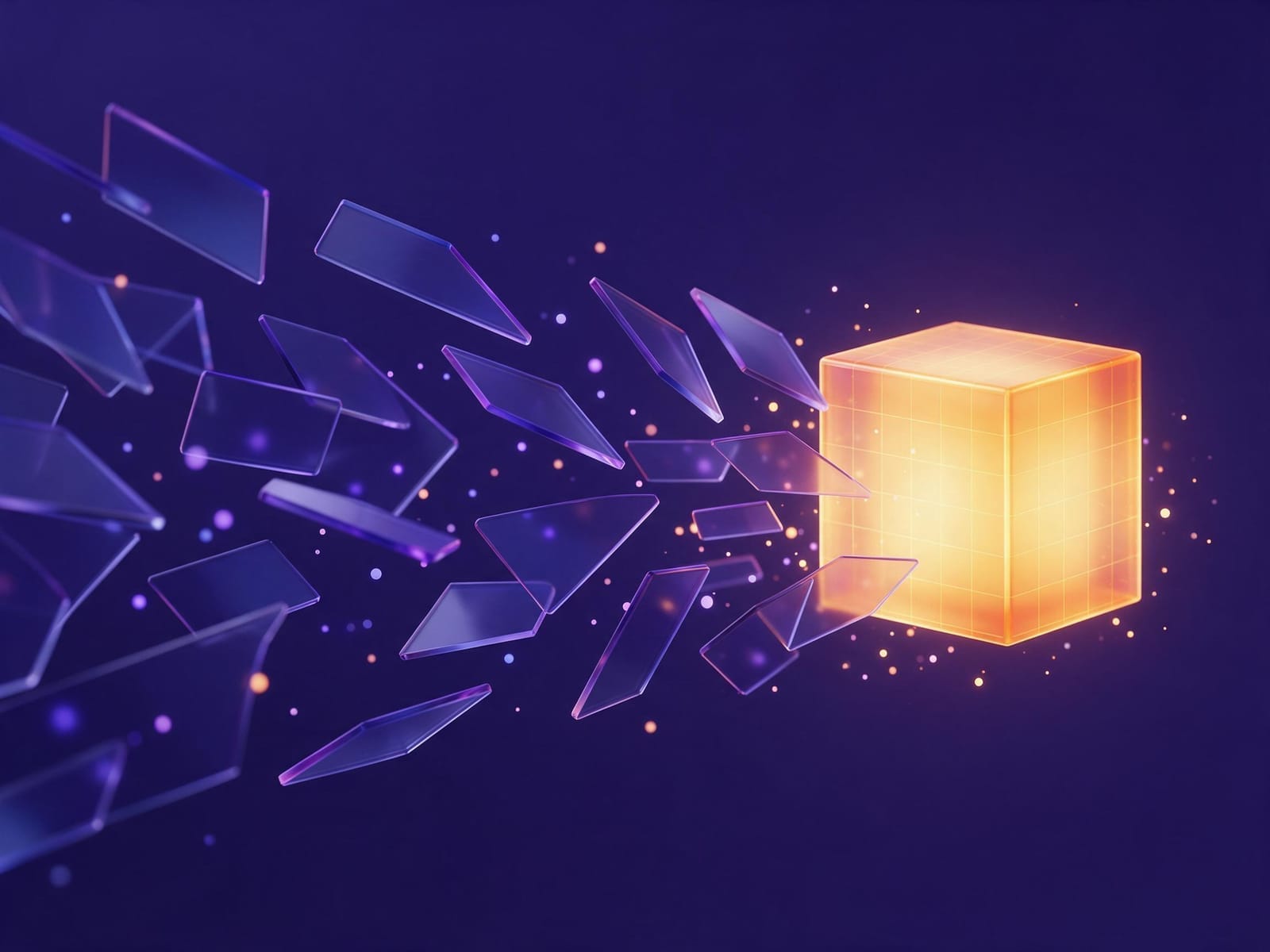 Loose glass sheets assembling into a tidy glowing orange block with a grid on its surface