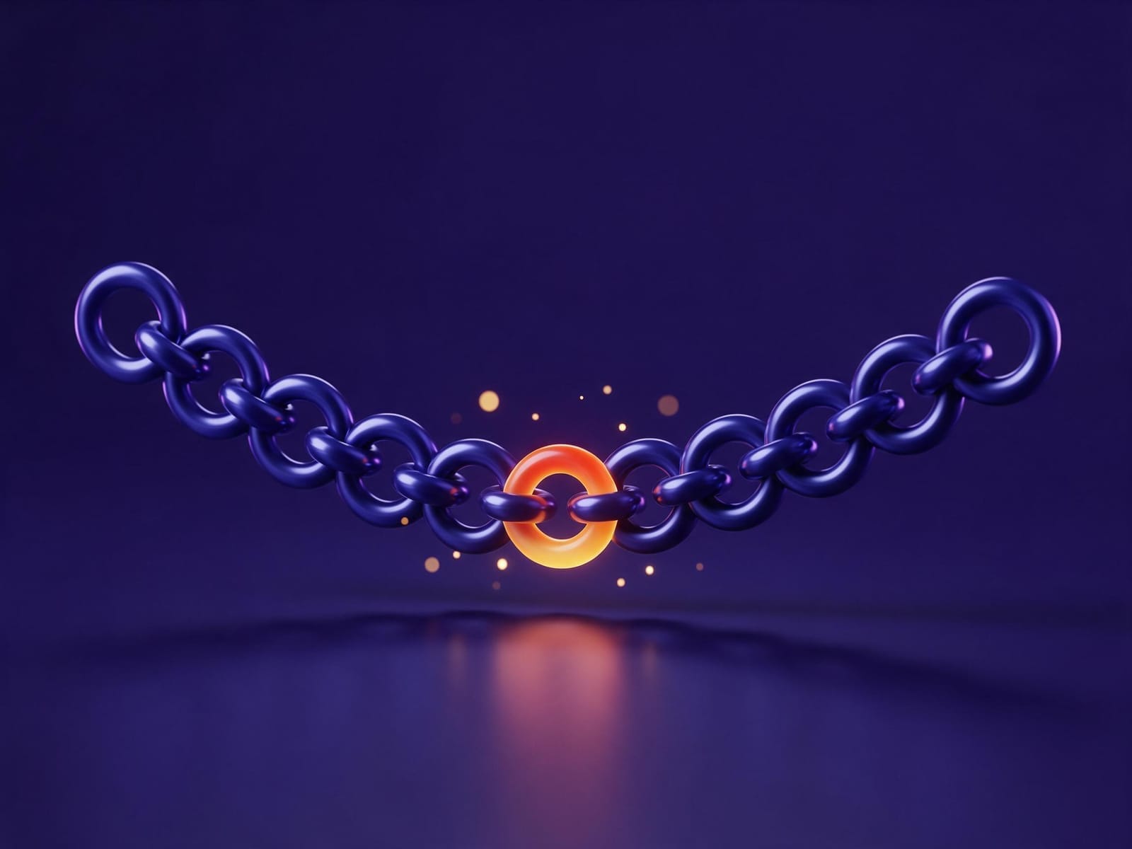 A floating chain of indigo metal rings with one glowing orange ring in the centre