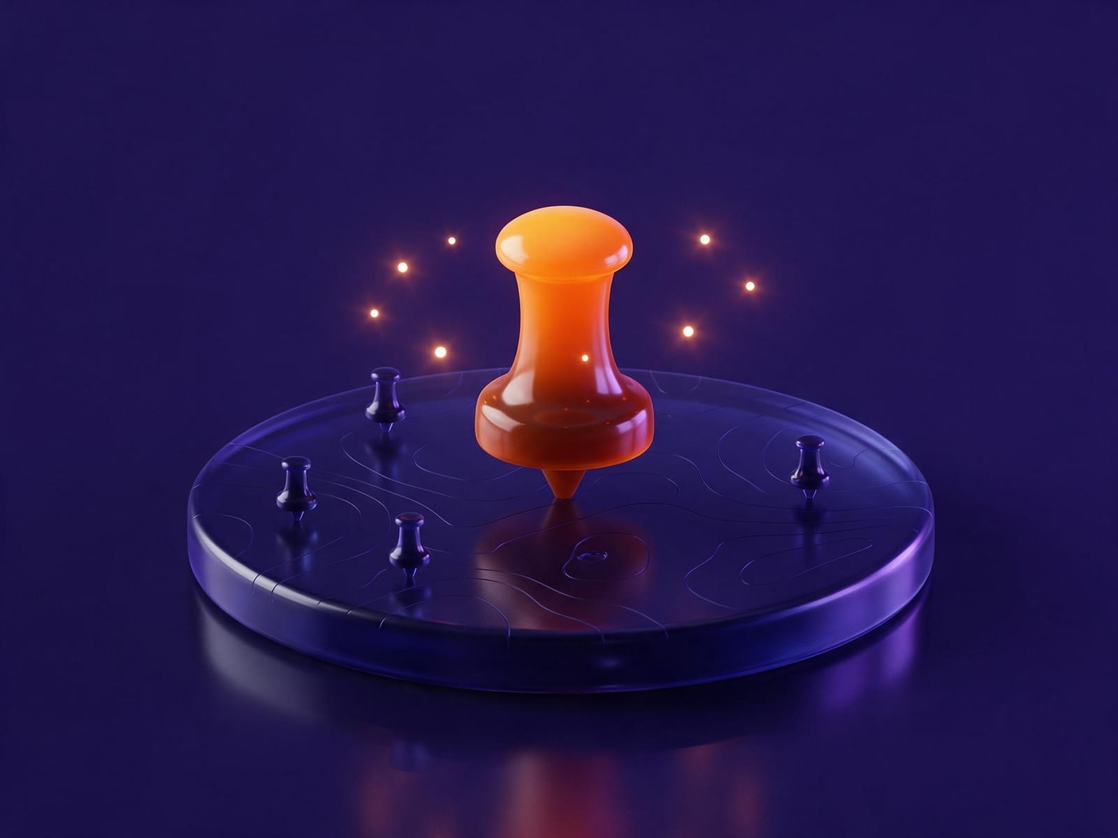 A glowing orange map pin standing on an indigo glass disc with faint map contours