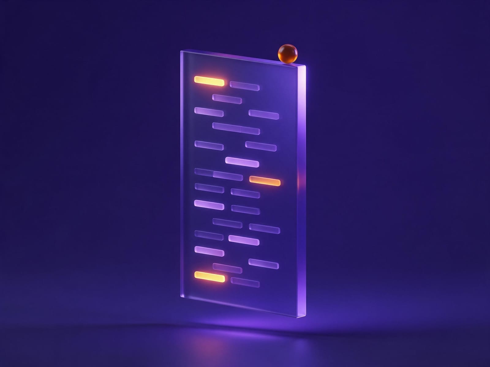 A tall glass report slab with rows of bars, three glowing orange
