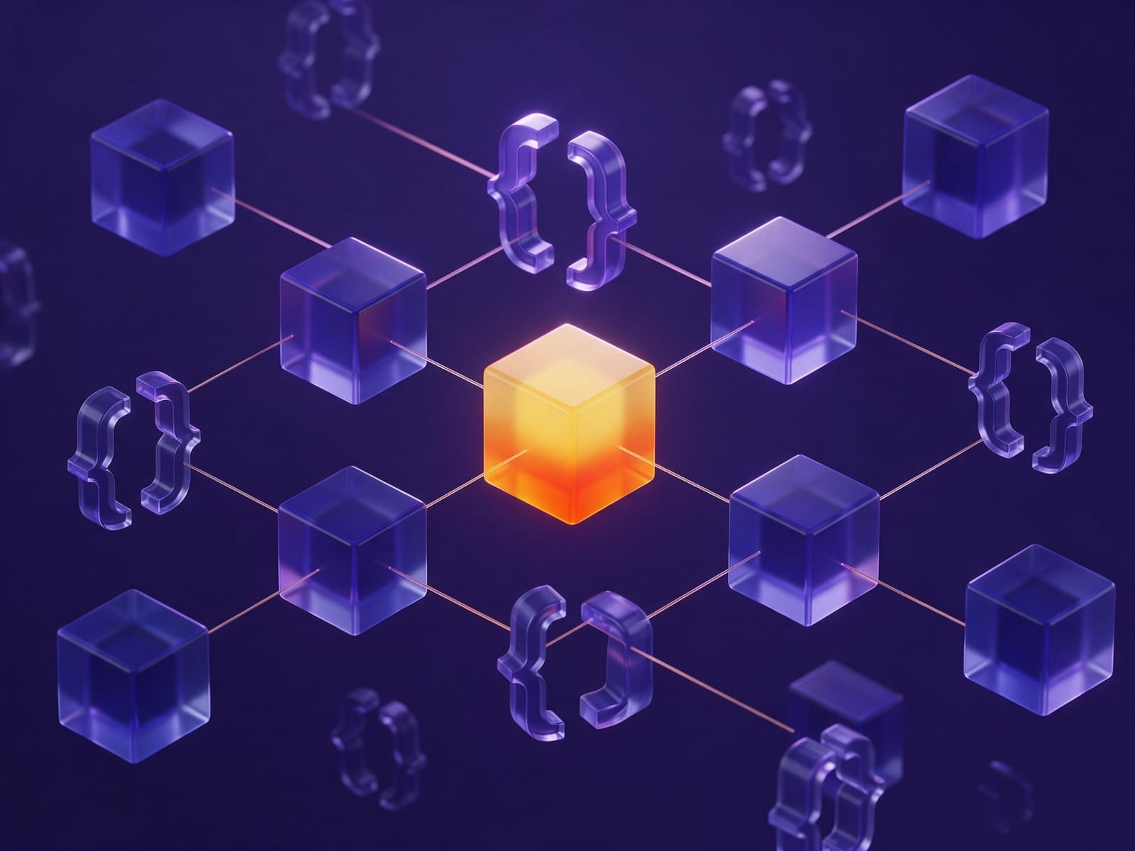 Glass bracket and cube shapes snapping together with one glowing orange cube